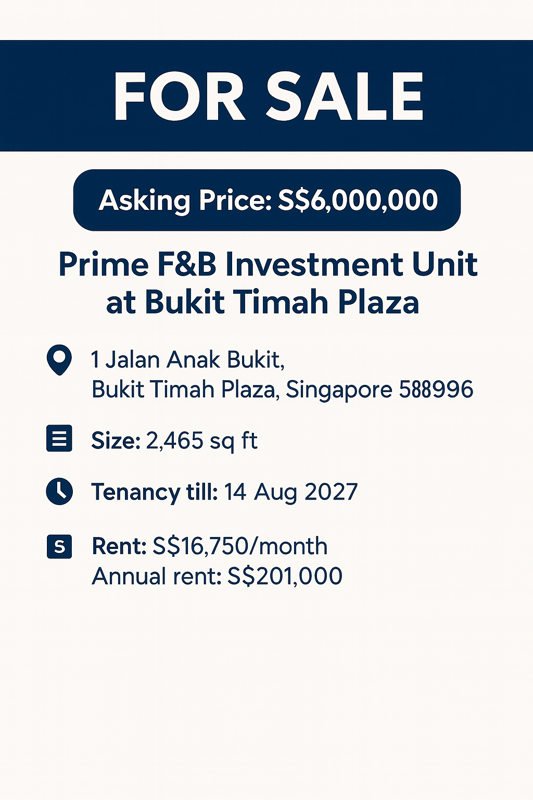 For Sale – Prime F&B Investment Unit At Bukit Timah Plaza