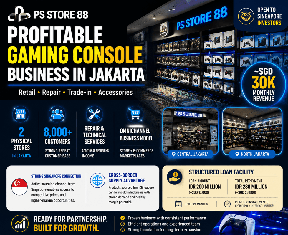 Profitable Gaming Console Business in Jakarta – ~SGD 30K Monthly Revenue | 2 Stores